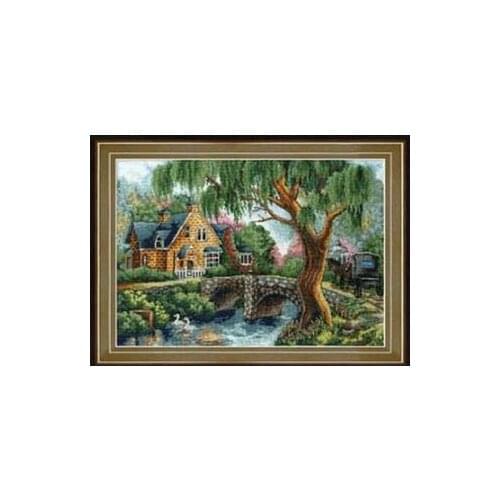 Gold Collection Lovely Counted Cross Stitch Kit Peaceful Afternoon River Stream Bridge and Cottage House Home Village dome