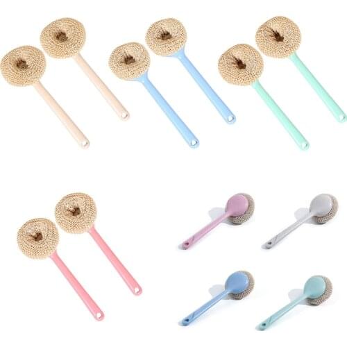 2Pcs Wheat Straw Ball Cleaning Brush with Long Detachable Handle Kitchen Dish Pan Pot Scrubber Bathroom Washing Tools