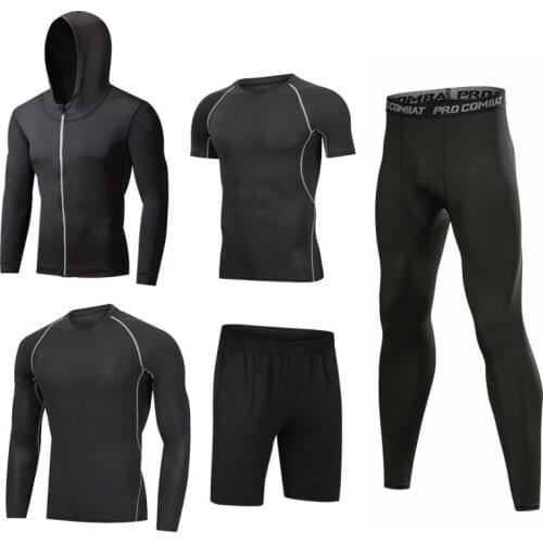5PCS Mens Compression Running Sets Men Sports Suit Basketball Tights Suit Jogging Sport Tracksuit Breathable Gym Fitness Clothes
