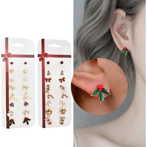 8 Pairs /Set Women Stud Earrings Christmas Crystal Jewelry Xmas Tree Elk Snowman Deer Ear Studs Gifts