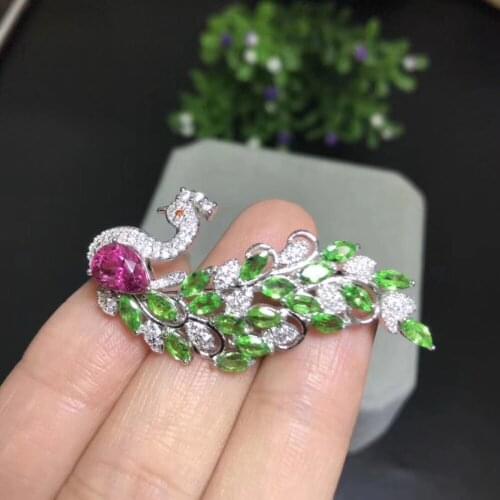 Natural green Tsavorite brooch S925 silver Natural green garnet brooch Pendant trendy long Peacock women two wears party jewelry