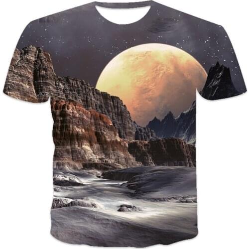 Summer new best-selling oversized loose mens T-shirt clothes short-sleeved starry sky planet print O-neck mens T-shirt
