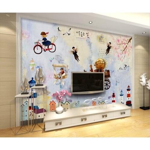 Customized 3d Korean style cartoon fantasy lighthouse living room, bedroom, TV, childrens room sofa decorative mural background