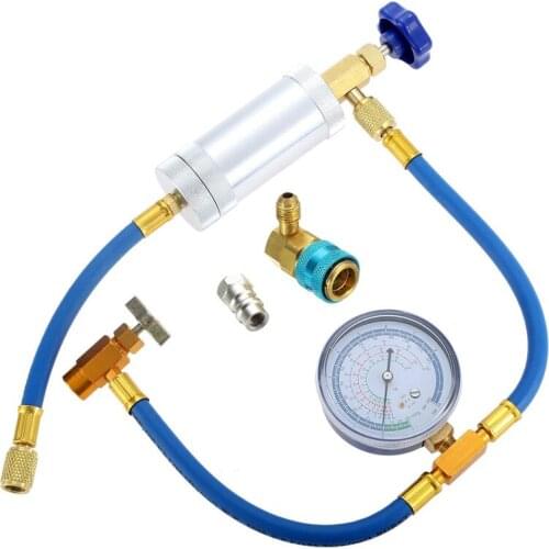 Air Conditioner A/C Oil Injector Tool R134A Low Side Quick with Gauge Refrigerant Inflation Hose R12 R134A Adapter