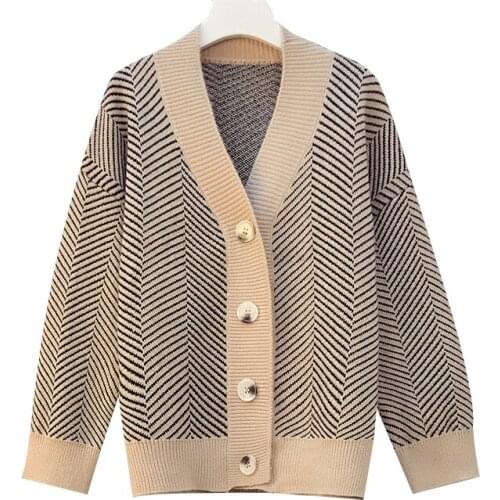 L-4XL Snordic Women Winter Striped V Neck Sweater Coat Single Breasted Full Sleeve Loose Knitted Cardigan Jacket