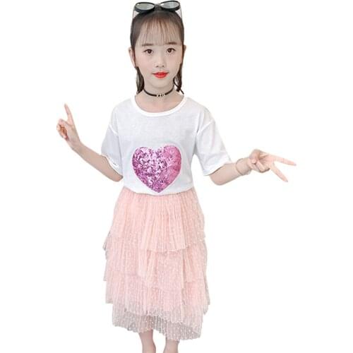 Girls Summer Clothes Sequin Tshirt + Skirt Costume For Girls Dot Pattern Girl Set Mesh Kids Tracksuit 6 8 10 12 14