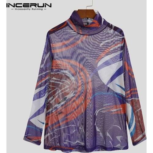 Fashion Men Mesh T Shirt Turtleneck 2021 See Through Streetwear Long Sleeve Printed Casual Tee Tops Camisetas S-5XL INCERUN 7