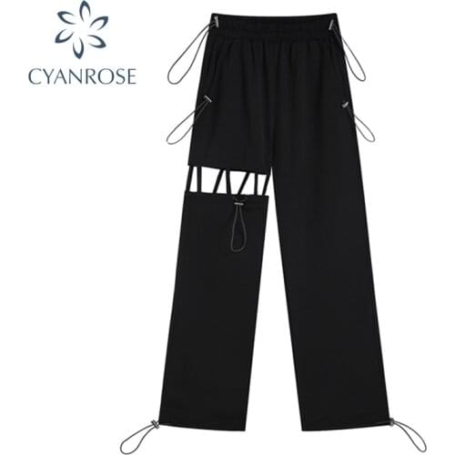 Fashion High Waist Harajuku Pants 2021 Summer Fashion Loose Black Punk Trousers Female Patchwork Design Streetwear Lace Up Pants