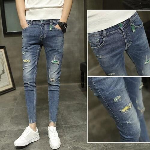 Fashion 2021 skinny denim jeans mens brand Slim feet stretch thin handsome all-match hole teenager ankle length pants