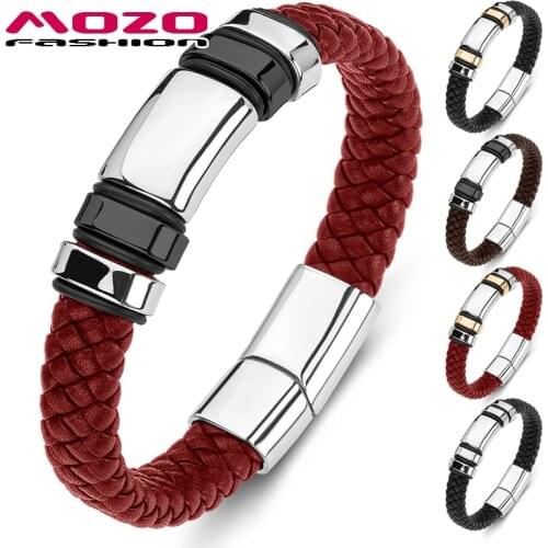 MOZO FASHION 2020 Men Bracelet Braided Rope Chain Stainless Steel Trendy Bracelet Punk Genuine Leather Bangle Women Jewelry 172