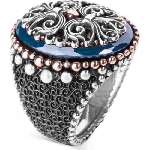 925 Sterling Silver Special Design Pattern Mens Ring Surrounded by Blue Stone Exclusive Ring for Men with Side Stone