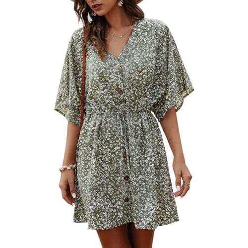 Boho Dress for Women Floral Print Drawstring Beach Dress Ladies Half Sleeve Loose Dress Vestidos Summer Female Short Sundress