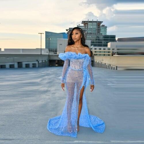 See Throug Sequined Prom Dresses Mermaid African Off Shoulder Long Sleeves Slit Evening Dress Lonng For Women robes de cocktail