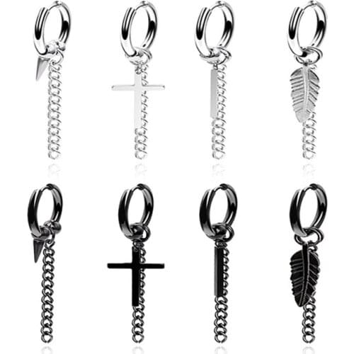 1 Pcs Fasion Tassel Drop Earrings Stainless Steel Cross Feather Pendant Earrings Unisex Jewelry Accessories