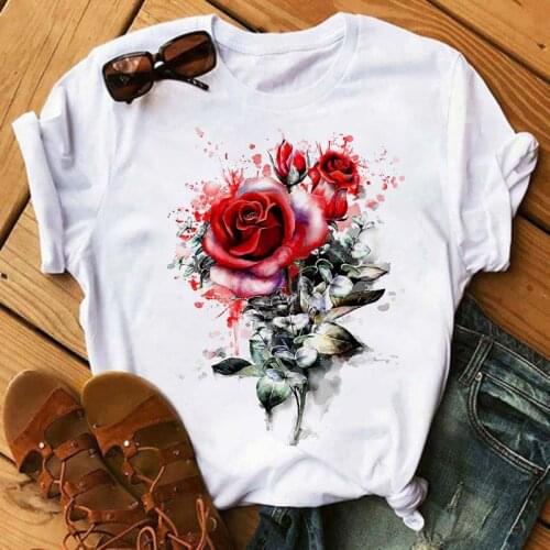 Flower Floral Print Casual Harajuku Women T-Shirt Summer Short sleeve O-neck Tee Casual Clothes Top Female T shirts