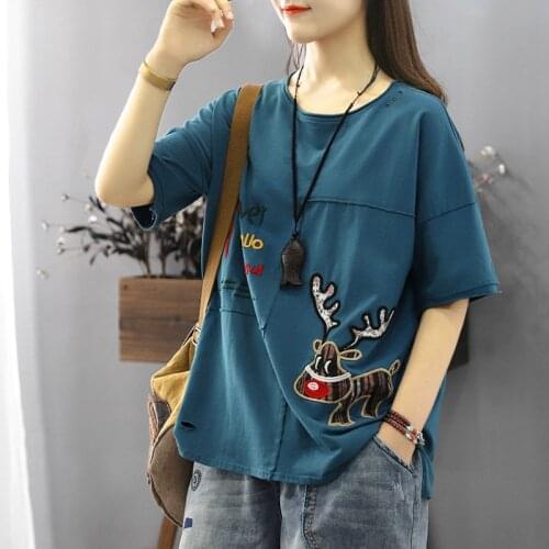 ADEF5941 Summer Women T-Shirts Loose Patchwork Letter Sika Deer Embroidery Hole Half Sleeve Cotton Retro Sweet Girls Tees Tops