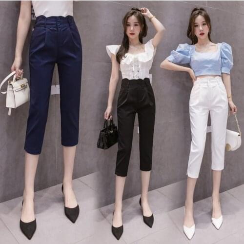 Lady Office Cropped Trousers Pockets High Waist Casual Elegant Solid Workwear Women Fashion Summer Straight Formal Suit Pant