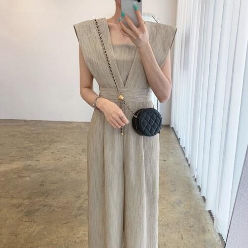 Korean Chic Summer Temperament Elegant and Thin Square Collar Design Slim Waist Casual Wide-Leg Jumpsuit Trousers Women