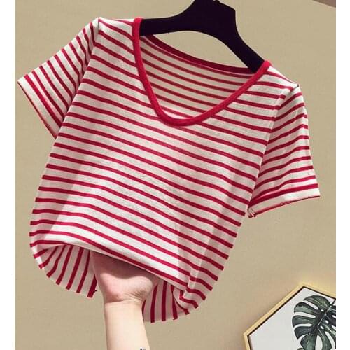 Fashion V collar stripe sweater bottoming shirt womens Loose thin pullover 2021 summer Ice silk Short sleeve