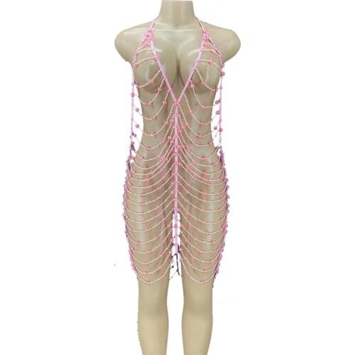 Pink Beaded Chains Hollow Short Dress Singer Women Evening Outfit Birthday Prom Backless Clothing