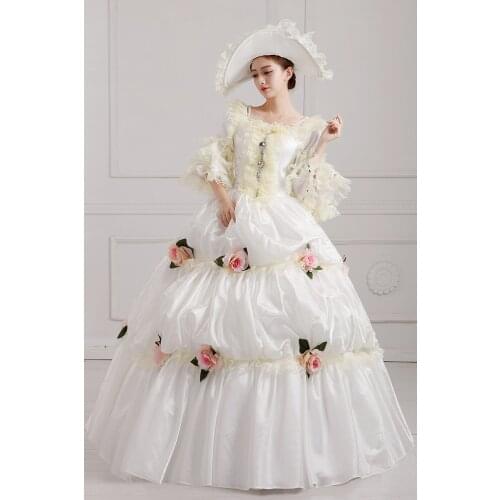 100%real white lace ruffled rose floral gown medieval dress Renaissance Gown queen Victoria/Antoinette/ball gown/Belle Ball