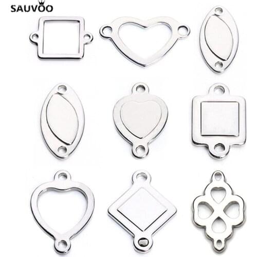 20pcs Silver Color Stainless Steel Hollow Oval Square Heart Charms Pendants Connectors Blanks Stamping Tags for DIY Bracelets