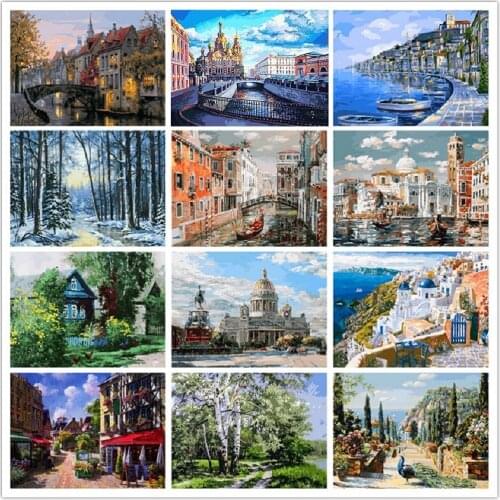 LUOVIZEM DIY 5D Diamond Painting Retro Water Architecture Landscape Embroidery Full Square/Round Drill Home Decor Painting