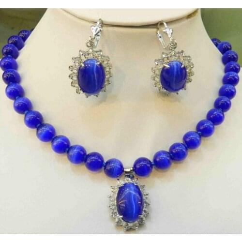 Free shipping Sapphire Blue Mexican Opal Round Beads Gems Pendant Necklace Earring Set 18"