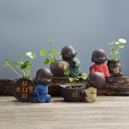 Ceramic Tea Pet Ornaments Buddha Statue Monk Figurine Desktop Flower Pot Hydroponic Plant Aesthetic Home Decoration Paperweight