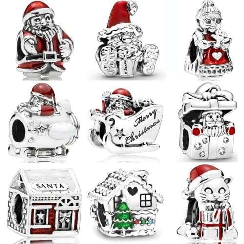 Red Sleighing Santa Grotto Christmas Kitten Mrs. Santa Claus Beads 925 Sterling Silver Charm Fit Pandora Bracelet Diy Jewelry