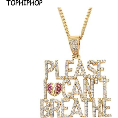Hiphop Custom Combined Letters Says PLEASE I CAN'T BREATHE Iced Out CZ Pendant Hiphop Brass Broken Heart Necklace Jewellery