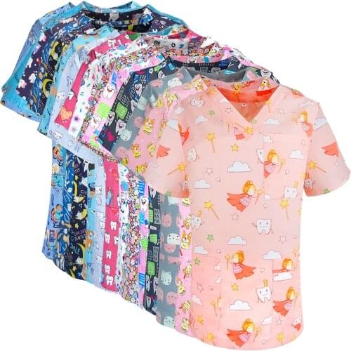 Nurse scrub tops for women men tooth printed cotton V-neck short sleeves blouse surgeon clinic hospital uniform scrub top unisex