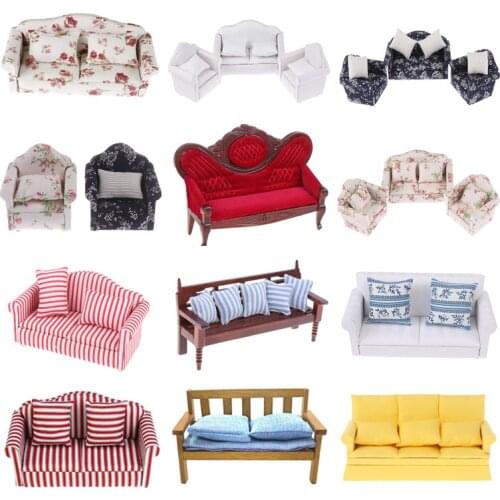 1 Set 1/12 Miniature Dollhouse Sofa Couch With Cushions For Barbies Kids Dollhouse Furniture Printing