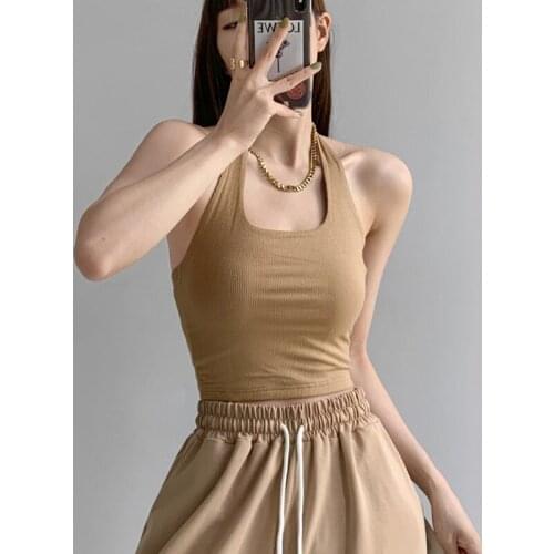 TVVOVVIN Fashionable Tight-fitting Umbilical Halterneck Vest 2021 Sexy Solid Summer Womens Slim Stretch Short Top TBTY