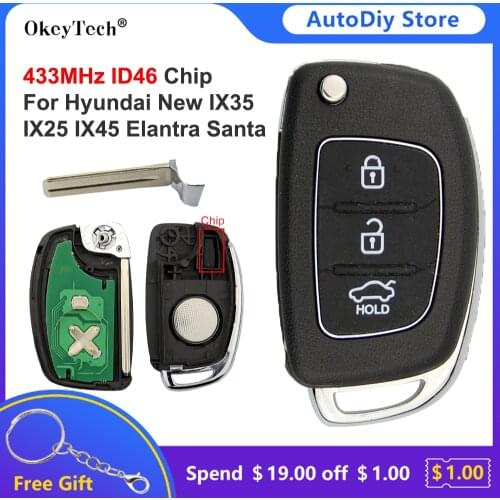 Okeytech ID46 Chip 433Mhz 3 Buttons Flip Folding Car Remote Control Auto Key Fob For Hyundai New IX35 IX25 IX45 Elantra Santa