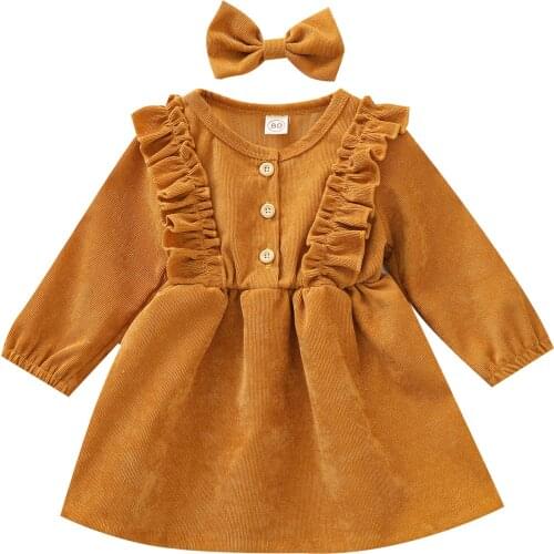 Autumn Infant Baby Girls Dress Headband 2pcs Solid Ruffles Long Sleeve Bowknot Button A-Line Dress