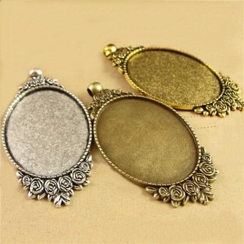 To Fit 40*30mm Oval Cabochon 3 Colors Vintage Alloy Flower Pendant Blank Settings DIY Jewelry Making