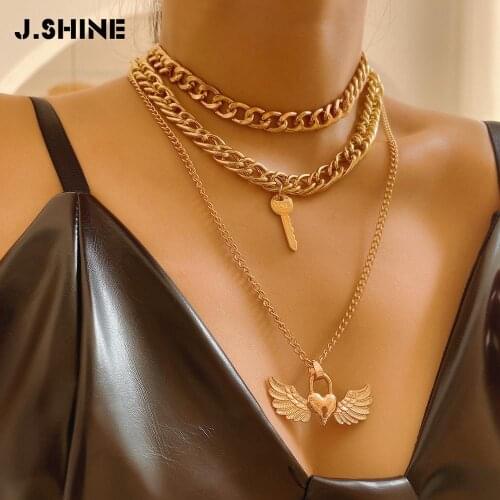 JShine Exaggerate LOVE Heart Lock Key Pendant Necklace Womens Valentine Gift Multi Layer Statement Thick Chain Necklace Jewelry