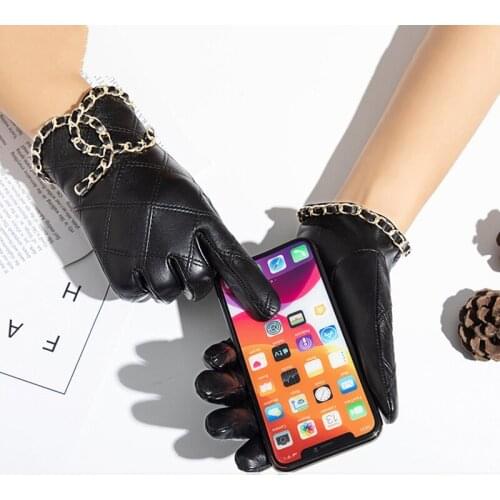 Retro Womens Real Leather Gloves Fashion Metal Chain Touch Screen High 100% Quality Sheep Leather Gloves For Woman Black