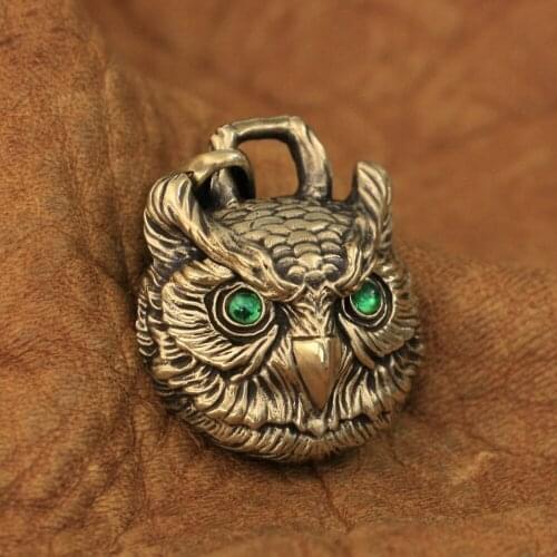 LINSION Green CZ Eyes Details Brass Owl Pendant Mens Biker Punk Pendant BR277 JP