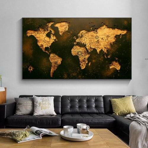 Retro Hollowed-out World Map Features Darkness Print Color Painting Wall Pictures for Living Room Frameless Mirrors