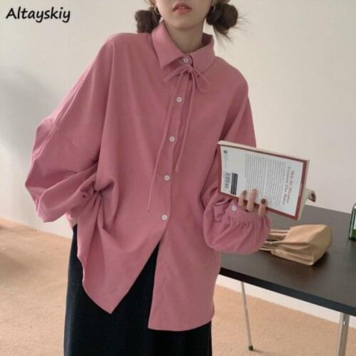 Shirts Women Spring Puff Sleeve Simple Solid Bow College All-match Ladies Top Casual OL Daily Korean Style Single Breasted 2021