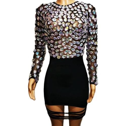 Rhinestones Black Bag Hip Dresses Long Sleeve Backless Personality Performance Costume Ladies Party Evening Nightclub Outfit