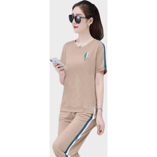 Trending Products summer Lady clothes set Sporting suit female Ice silk hemp Tracksuit 2 piece set T-shirt + Wide leg pants 40
