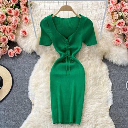 Square Neck Stretch Knit Dress 2021 Summer New Korean Style Waist Temperament Drawstring Tight-fitting Hip Dresses