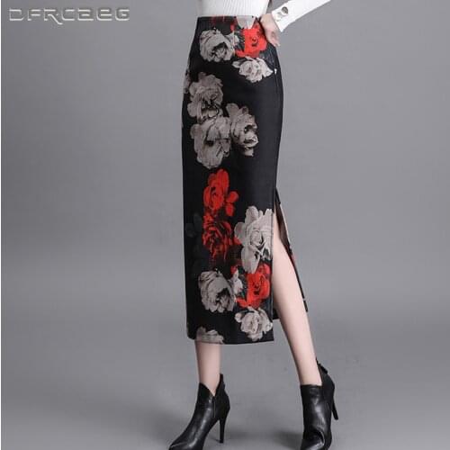 Autumn Winter Flower Vintage Warm Wool Long Skirt Woman 2021 High Waist Slim Elegant Split Woolen Pencil Skirts Female