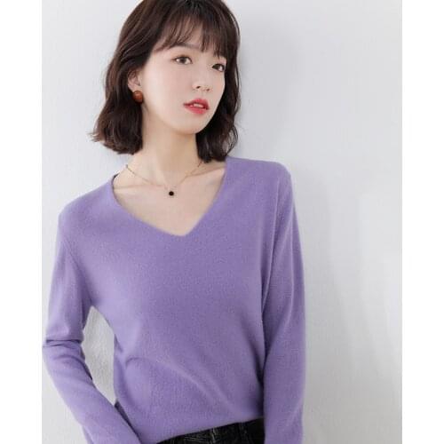 100% Pure Wool knitted Sweaters for Women Hot Sale V-neck Soft Pullovers Ladies 7Colors Jumpers Standard Clothes