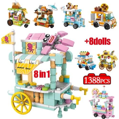 1388 Pcs 8 in 1 City Street View Food Cart Mobile Store Building Blocks Friends Dining Snack Vehicle Figures Bricks Toys For Kid