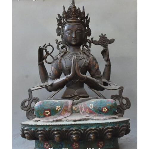 43CM Cloisonne Purple Bronze 4 Hands White Tara Kwan-yin Guan Quan Yin Statue