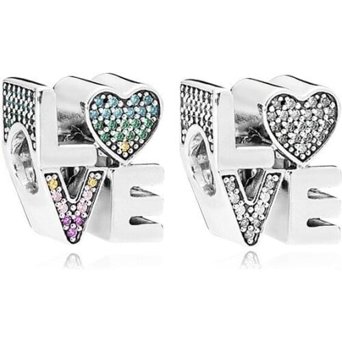 5PCS Silver Plated Charm European Wrod Love Heart Pendant Crystal Bead Fit Women Confession Bracelet & Bangle DIY Jewelry Making